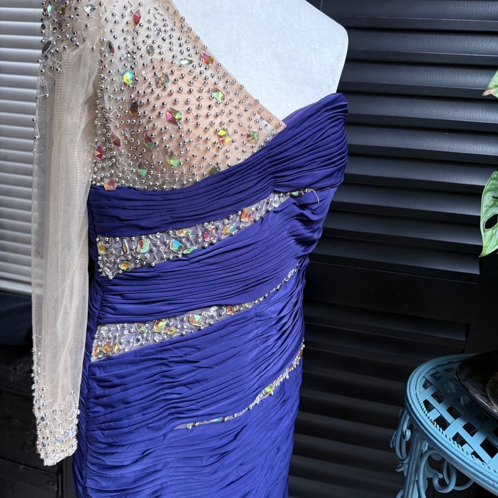 NWT Purple Formal Party Dress with Beaded Sheer Single Shoulder Long Sleeve Set